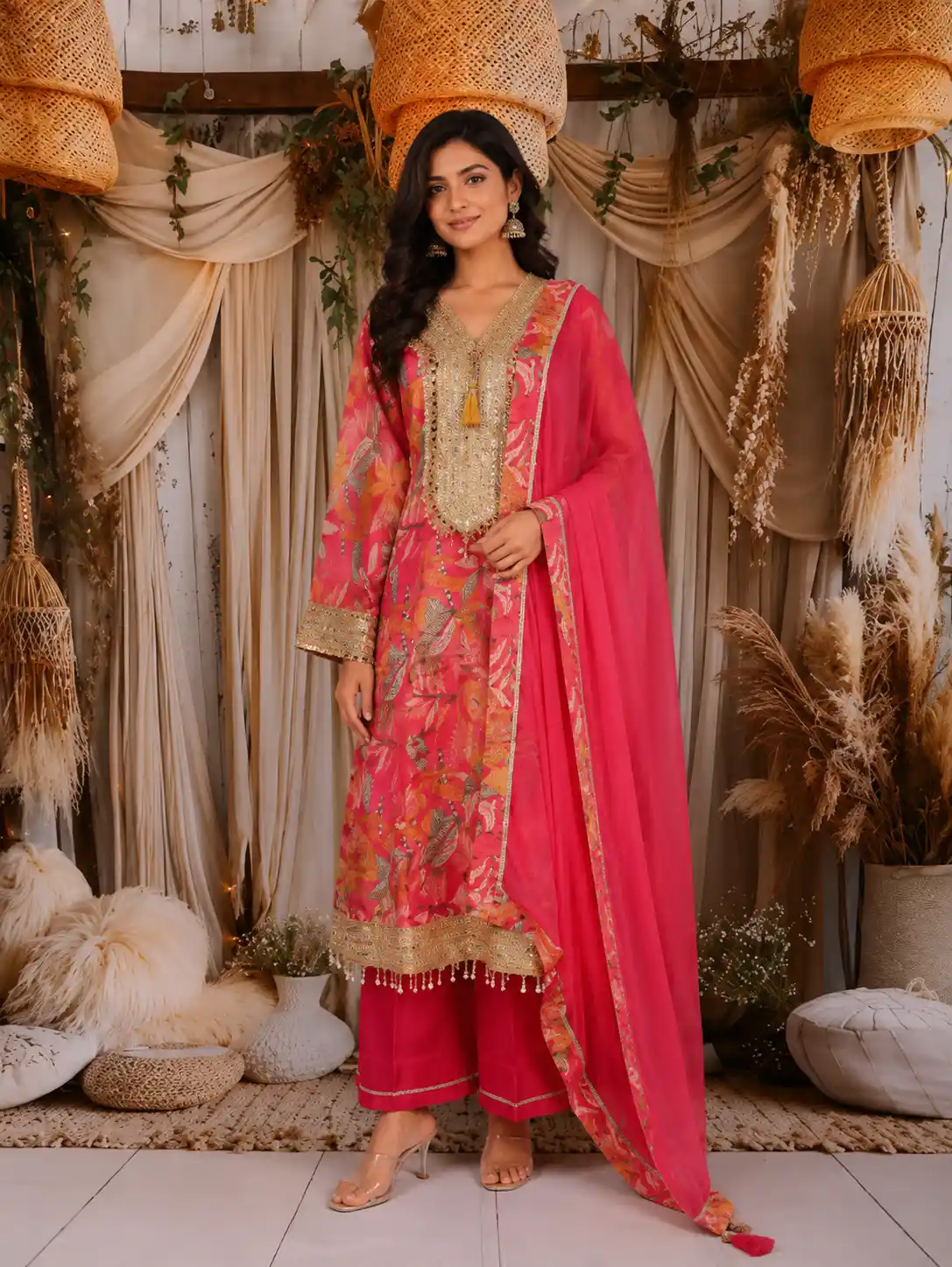 Pink Floral Printed Design Tissue Silk Anarkali Salwar Suit